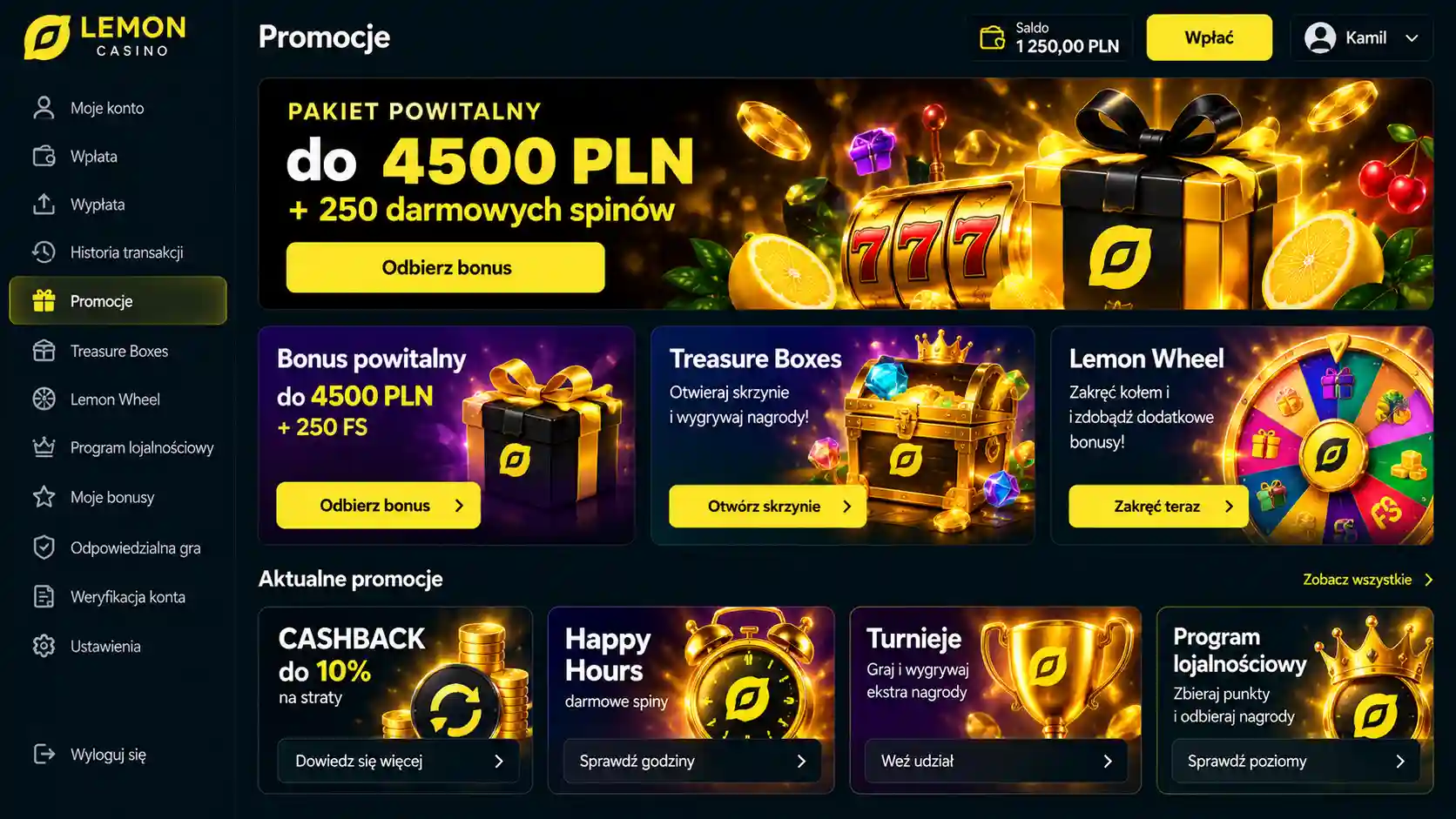 Panel promocji Lemon Casino – bonus powitalny do 4500 PLN, Treasure Boxes i Lemon Wheel