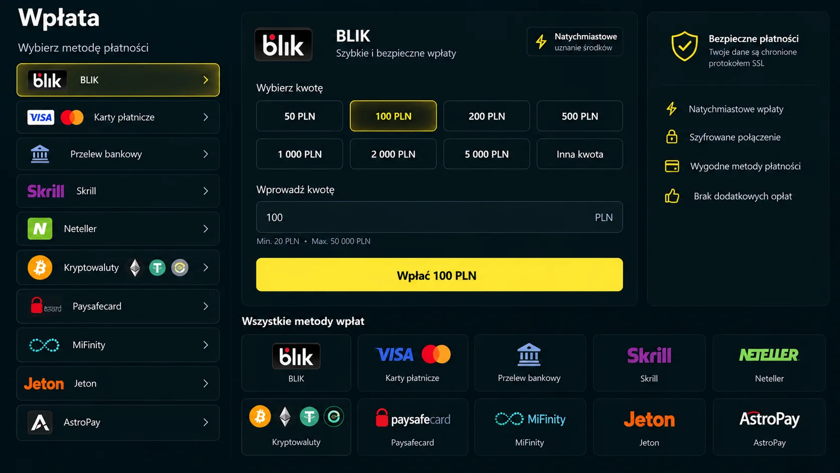 Sekcja wpłata w Lemon Casino – dostępne metody płatności: BLIK, Visa, Skrill, kryptowaluty