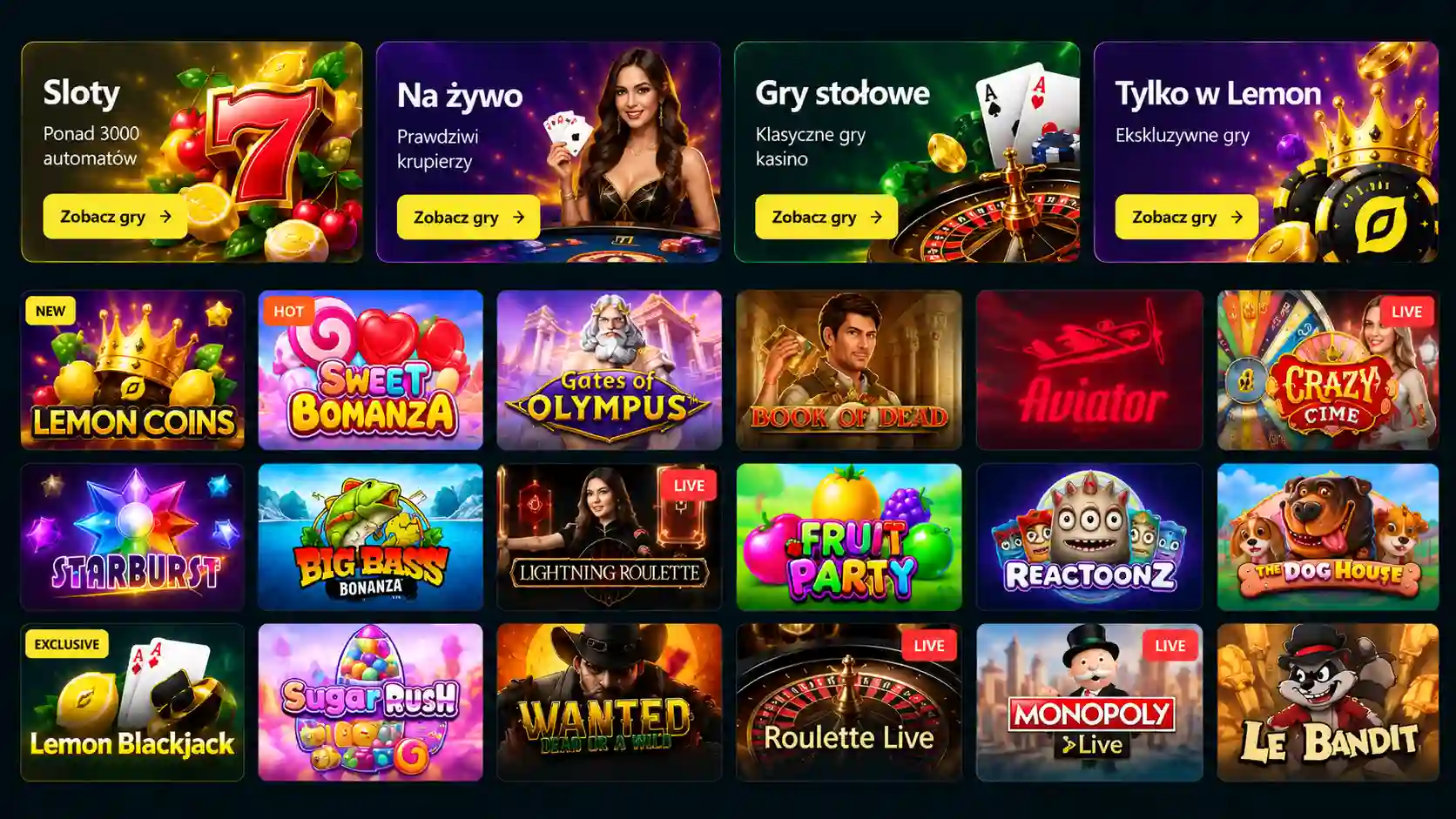 Biblioteka gier Lemon Casino – kategorie: Sloty, Na żywo, Gry stołowe, Tylko w Lemon