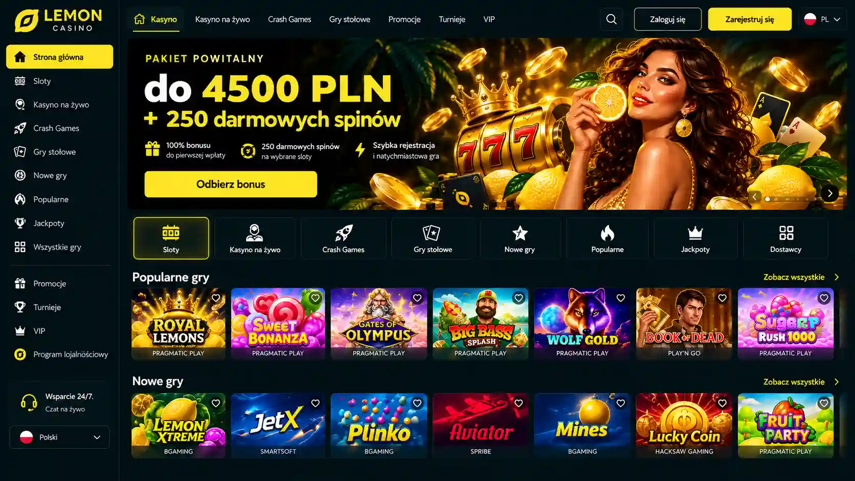 Strona główna Lemon Casino PL – widok interfejsu desktopowego z menu i biblioteką gier
