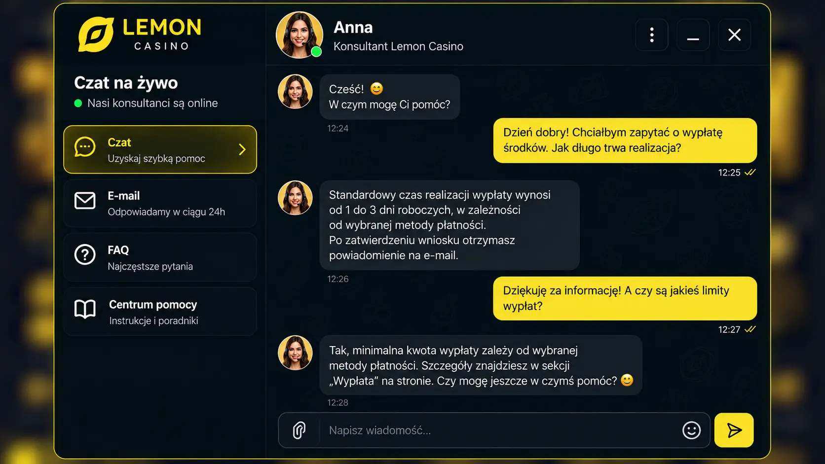 Okno czatu na żywo Lemon Casino – rozmowa z konsultantem Anną dotycząca wypłaty środków
