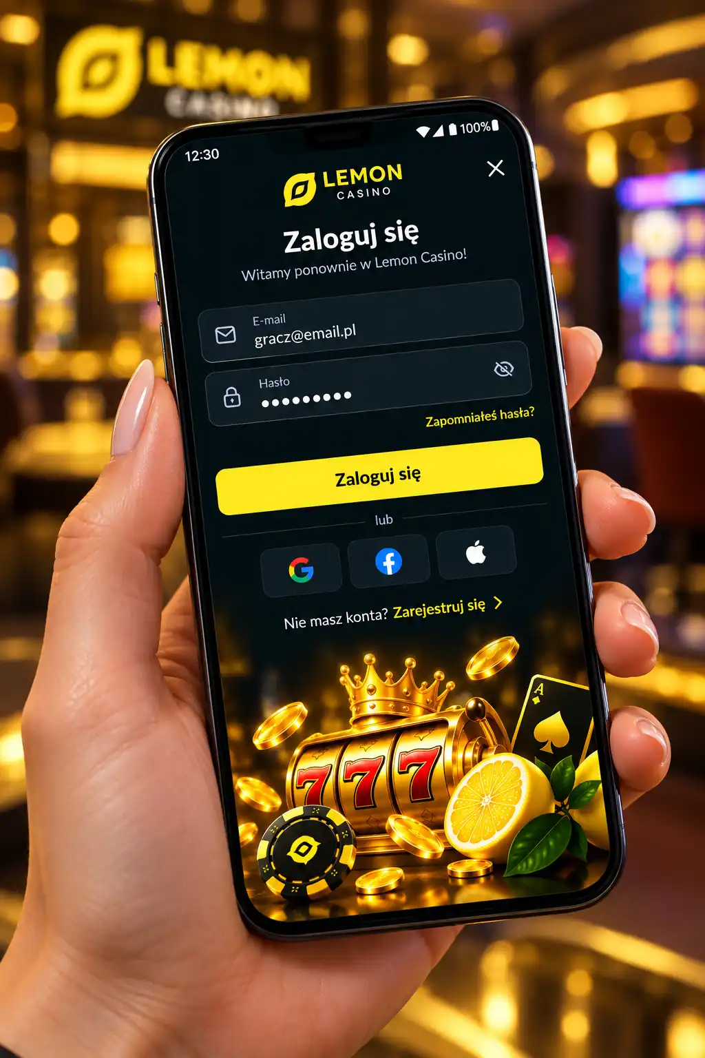 Ekran logowania Lemon Casino na urządzeniu mobilnym – formularz z polami e-mail i hasło