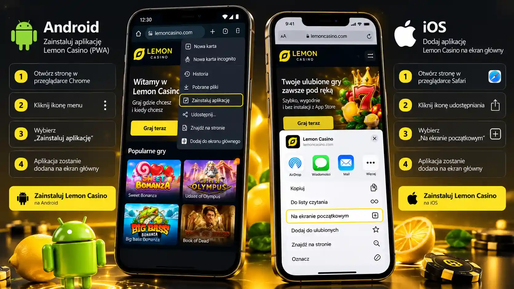 Instalacja aplikacji PWA Lemon Casino na Android i iOS – ekran z instrukcją krok po kroku