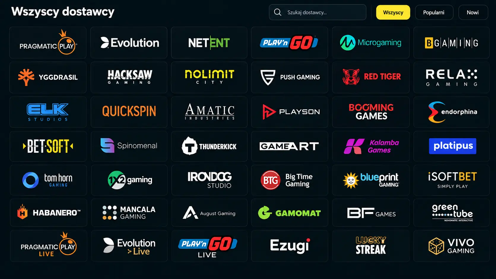 Siatka logotypów dostawców gier w Lemon Casino – Pragmatic Play, Evolution, NetEnt i inne