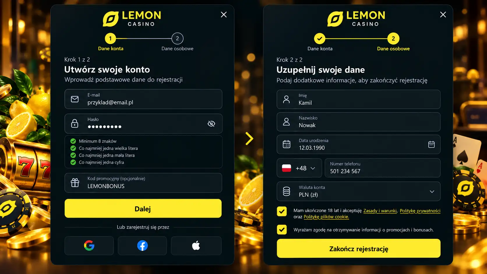 Formularz rejestracji Lemon Casino – dwuetapowy proces tworzenia konta z polem waluty PLN