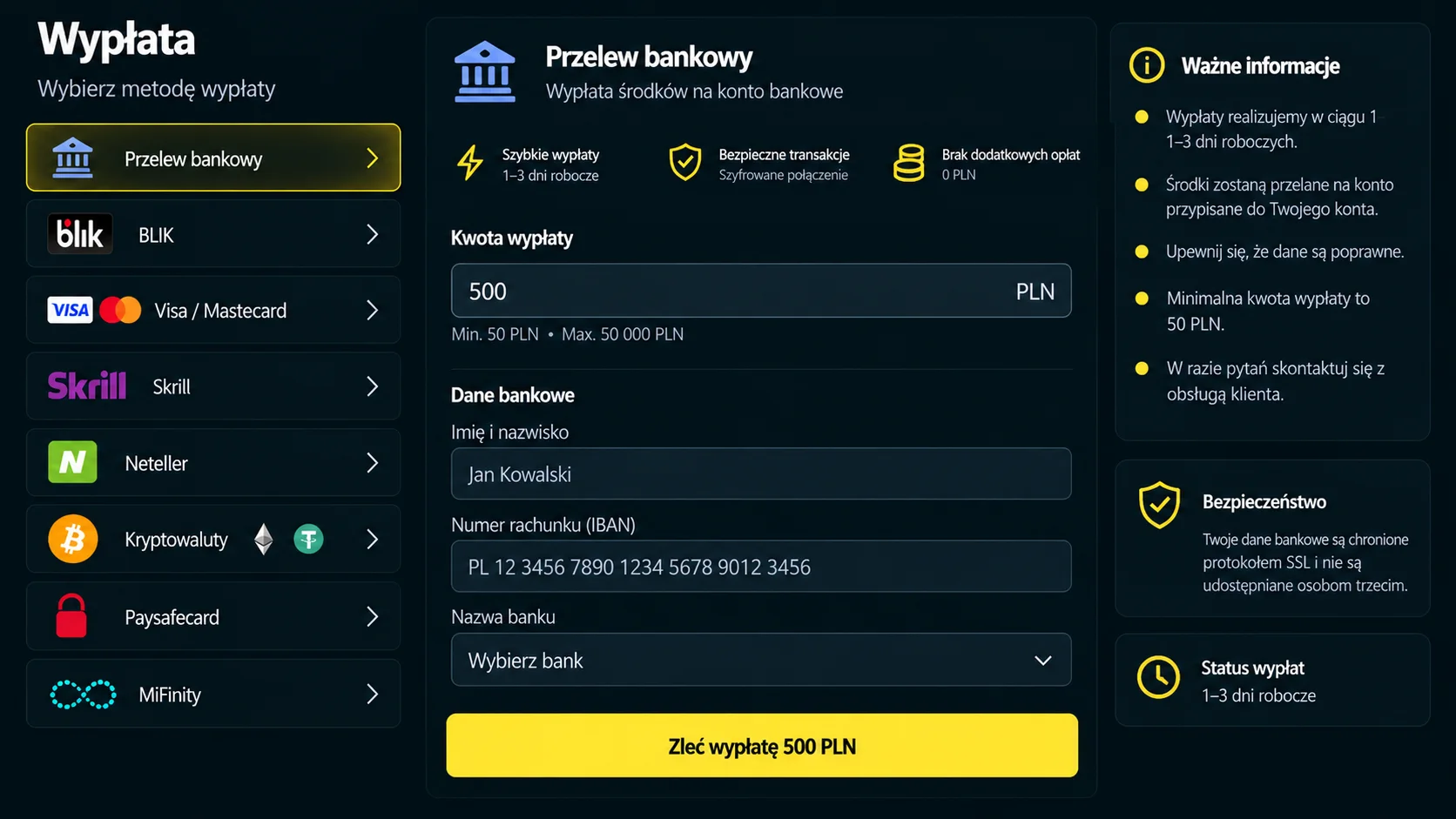 Formularz wypłaty w panelu gracza Lemon Casino – przelew bankowy, dane IBAN, status realizacji